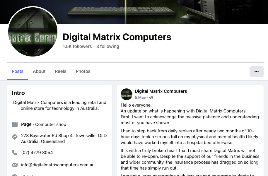 Excerpt from Digital Matrix Computers' public Facebook announcement that the business could not reopen.