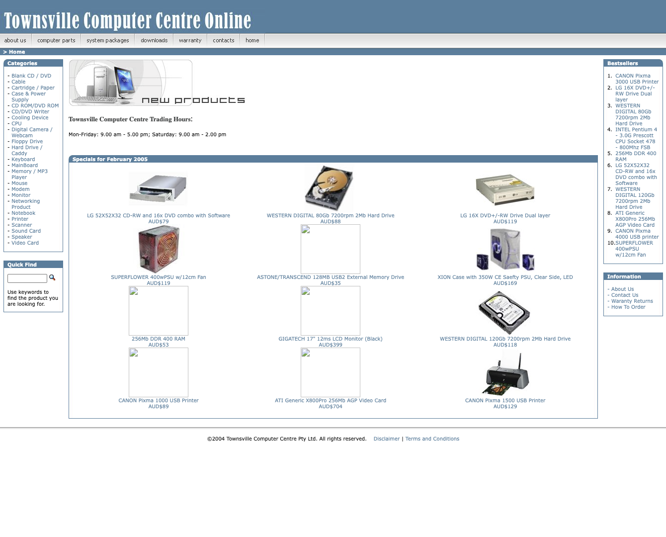 Archived 2006 website for Townsville Computer Centre, showing computer systems and parts.